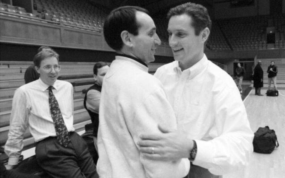 
Duke head coach Mike Krzyzewski with former player and University of Washington head coach Bob Bender inside Cameron Indoor Stadium in 1998. Bender brought his team to Cameron Indoor to practice for before an NCAA tournament being played in Greensboro.
