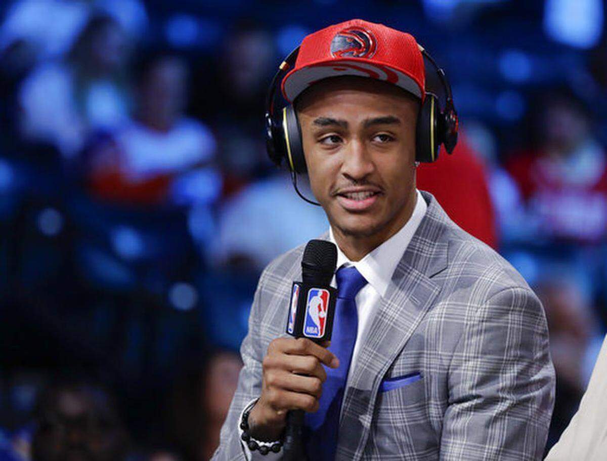 John Collins answers questions during an interview after being selected by the Atlanta Hawks as the 19th pick overall during the NBA basketball draft, Thursday, June 22, 2017, in New York.