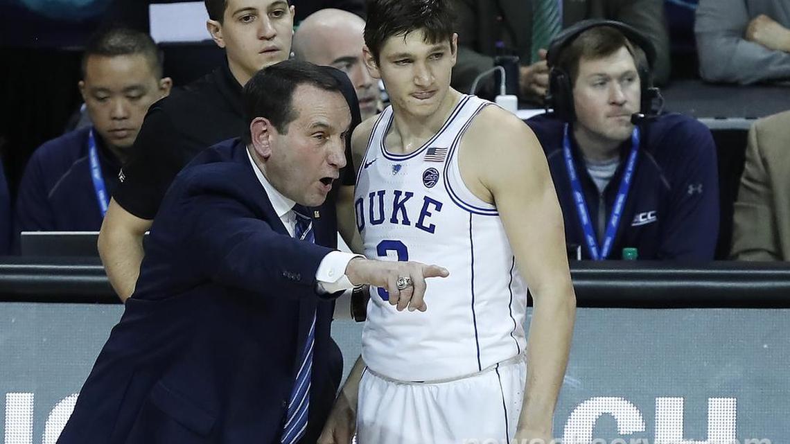 Duke's head coach Mike Krzyzewski talks with Grayson Allen (3) during the second half of UNC's 74-69 victory over Duke in the semifinals of the 2018 New York Life ACC Tournament at the Barclays Center in Brooklyn, NY, Friday, March 9, 2018.