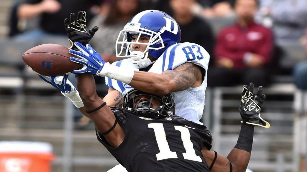 Dionte Austin (11) breaks up a pass intended for Duke’s Anthony Nash at BB&T Field in Winston-Salem.