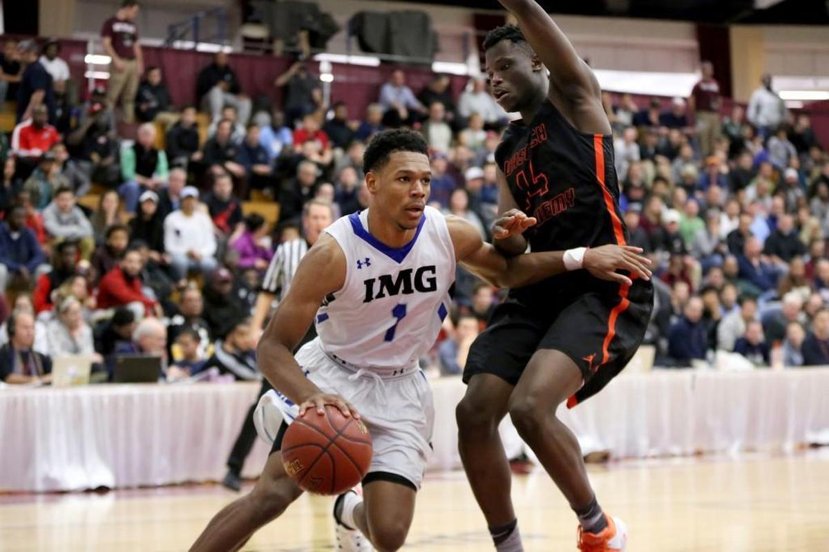 IMG Academy's Trevon Duval, left, in action against Wasatch Academy during a high school basketball game at the 2017 Hoophall Classic on January 15, 2017, in Springfield, MA. IMG Academy won the game.(AP Photo/Gregory Payan)