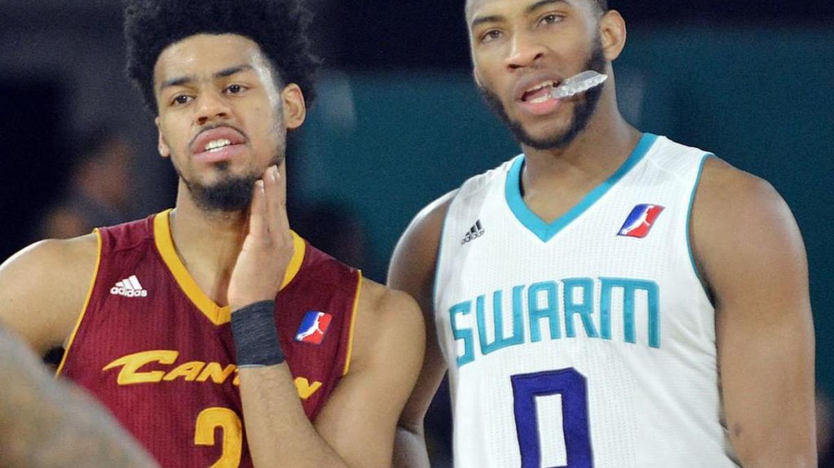 Quinn Cook, left, and Rasheed Sulaimon stand around during a NBA Development League game between the Canton Charge and Greensboro Swarm on March 16.