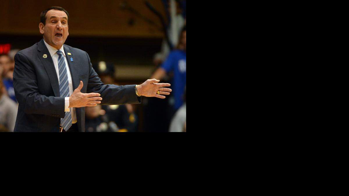 
Duke coach Mike Krzyzewski motions to his team during the game against Notre Dame in February. 
