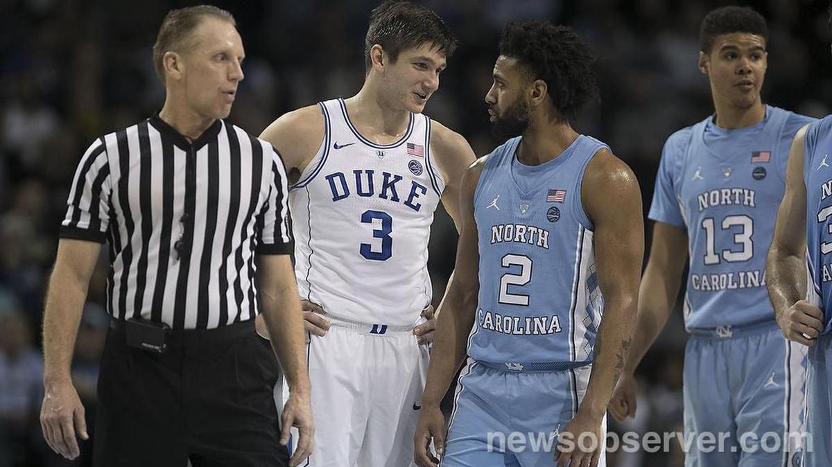 Duke’s Grayson Allen (3) talks to North Carolina’s Joel Berry II (2) after being called for a technical foul in the first half on Friday, March 9, 2018 during the semifinals of the ACC Tournament at the Barclays Center in Brooklyn, NY.