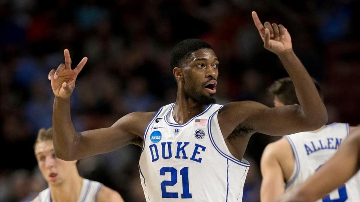 Duke’s Amile Jefferson (21) reacts after a basket during the first half of their NCAA tournament game against South Carolina on March 19, 2017 at the Bon Secours Wellness Arena in Greenville, S.C.