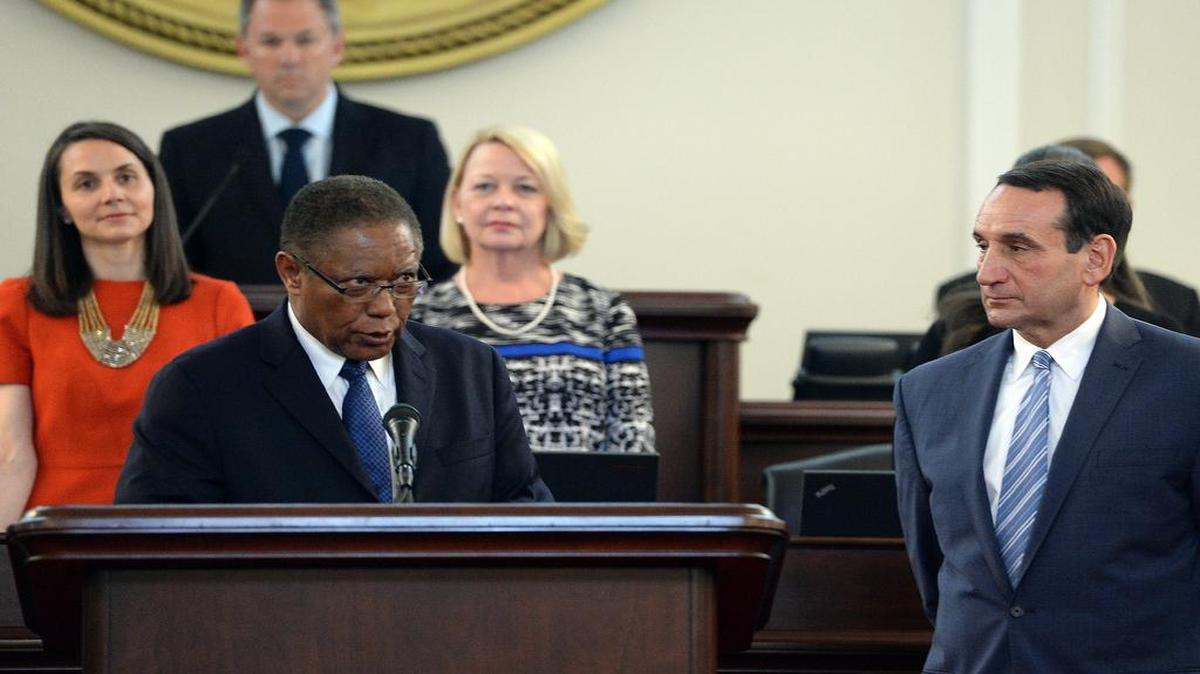 
Senator Dan Blue. left, introduces Duke coach Mike Krzyzewski as the NC House and Senate held a special joint session of the General Assembly to honor Krzyzewski and the 2015 National Champion team.
