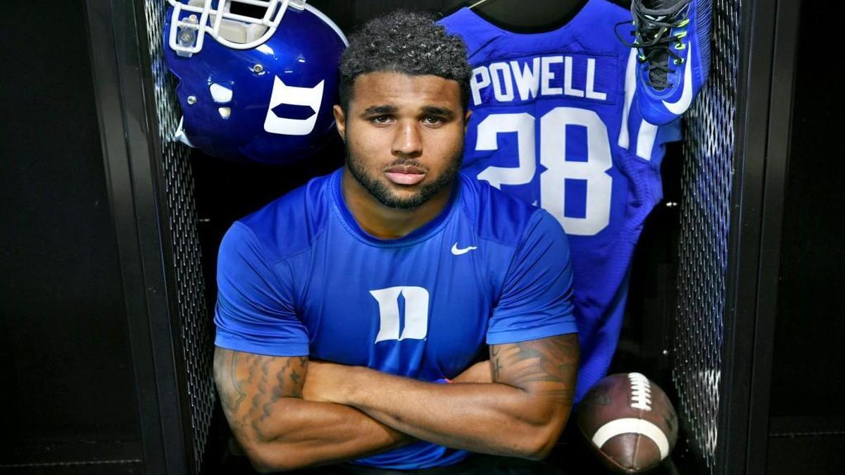 
Duke running back Shaquille Powell poses in the locker room at Wallace Wade Stadium Saturday, August 22, 2015. Powell, a senior from Las Vegas, lost his younger brother to cancer over the summer.
