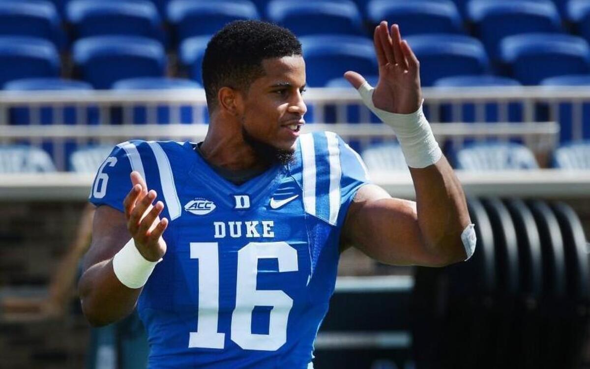 
Duke safety Jeremy Cash fires up the Blue Devils during the pregame warm-up before their meeting with the Northwestern Wildcats in Wallace Wade Stadium in Durham.
