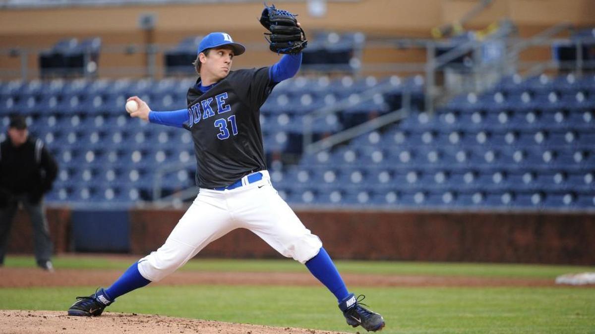 Duke’s Kellen Urbon pitches against Campbell on Feb. 23. Urbon is one of five graduate players on the Blue Devils’ baseball team.