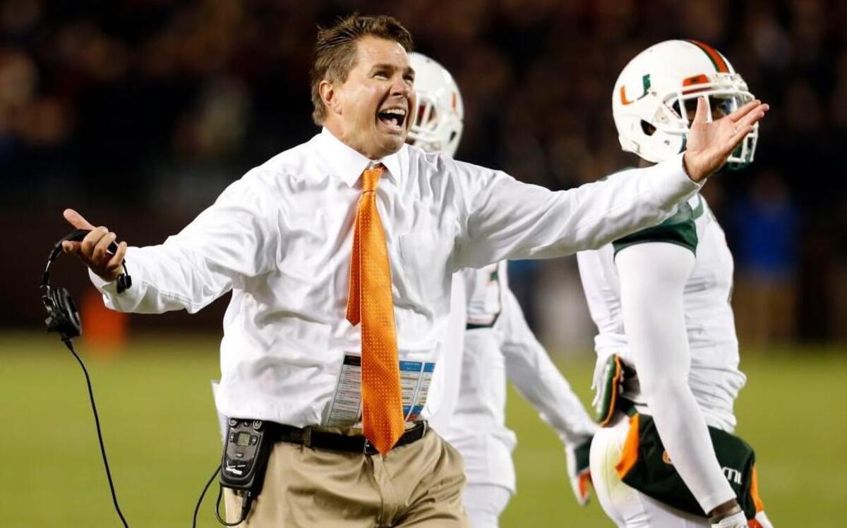 
Miami coach Al Golden reacts to a call during their game against Virginia Tech in Blacksburg, Va., Thursday, Oct. 23, 2014. Miami won 30-6. 
