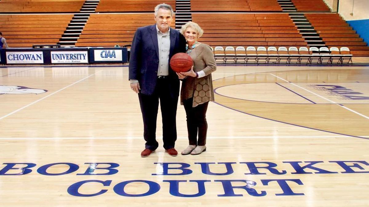 Coach Bob Burke and his wife Jane Burke at Chowan University Jesse Helms Center Gym in January, 2016.