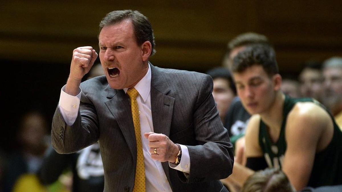 William & Mary head coach Tony Shaver cheers for his team at Cameron Indoor Stadium on Nov. 23, 2016. Duke beat William & Mary 88-67.