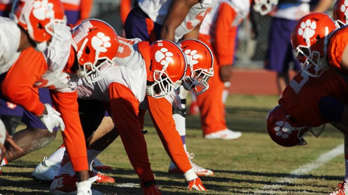 The Clemson defensive line practices Saturday at Scottsdale Community College in Scottsdale, Ariz.