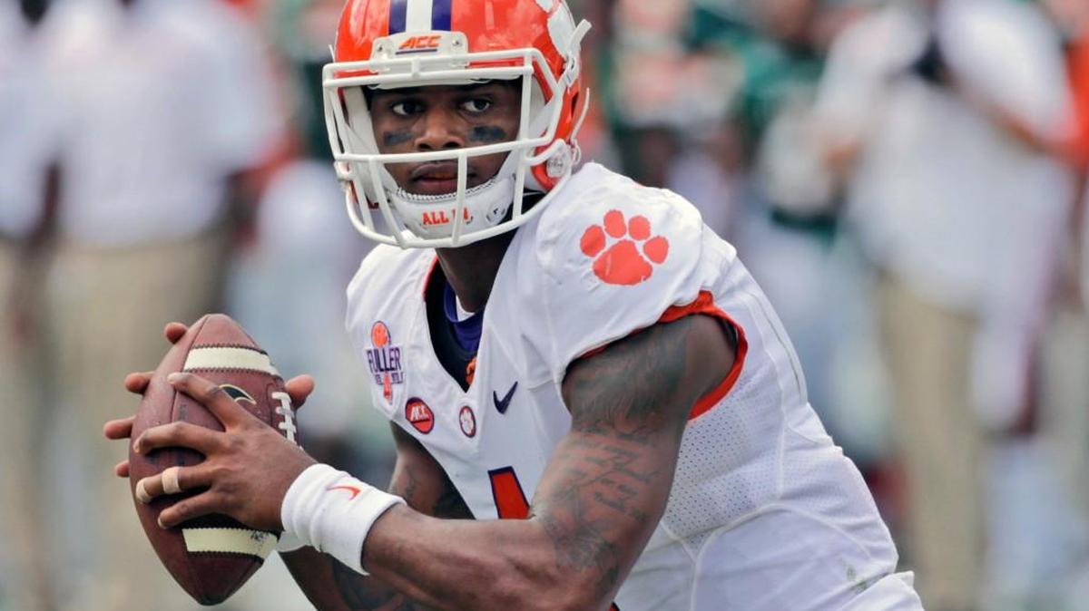 Clemson quarterback Deshaun Watson drops back to pass during the first half of an NCAA College football game against Miami, on Oct. 24, 2015in Miami Gardens, Fla. Alabama coach Nick Saban said that he thinks Watson is the best college football player since Cam Newton.