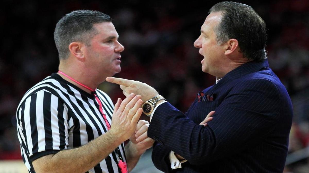 N.C. State head coach Mark Gottfried has words with official Tim Kelly during the second half of Georgia Tech's 90-83 victory over N.C. State on January 27.