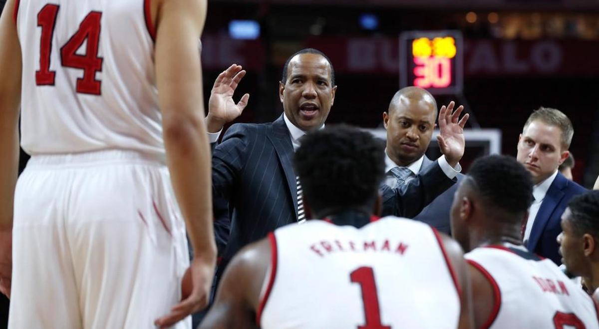 N.C. State head coach Kevin Keatts talks to his players during a timeout during the second half of N.C. State's 95-72 victory over Bryant at PNC Arena in Raleigh on Nov. 14, 2017.