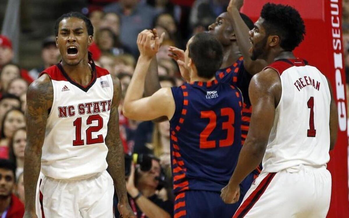 North Carolina State's Anthony Barber (12) reacts following a 3-point play during the second half against Bucknell in Raleigh. Barber had 24 points in State's 99-86 win.