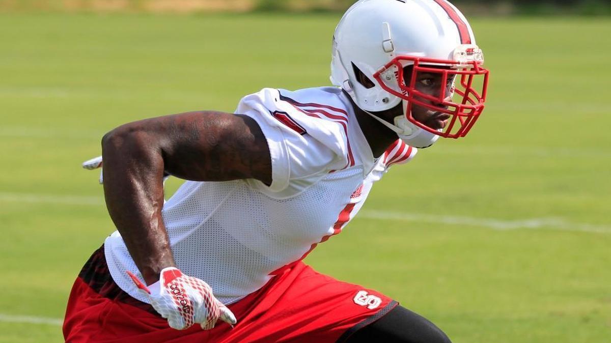 
N.C. State's Hakim Jones (1) runs drills during N.C. State football's first preseason practice Tuesday, August 4, 2015, in Raleigh.
