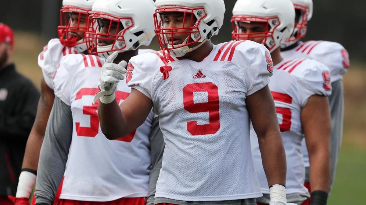 N.C. State defensive end Bradley Chubb (9) gets ready to participate in a drill during N.C. State football's third spring practice at the Curtis and Jacqueline Dail football practice complex in Raleigh on Tuesday, Feb. 28, 2017.