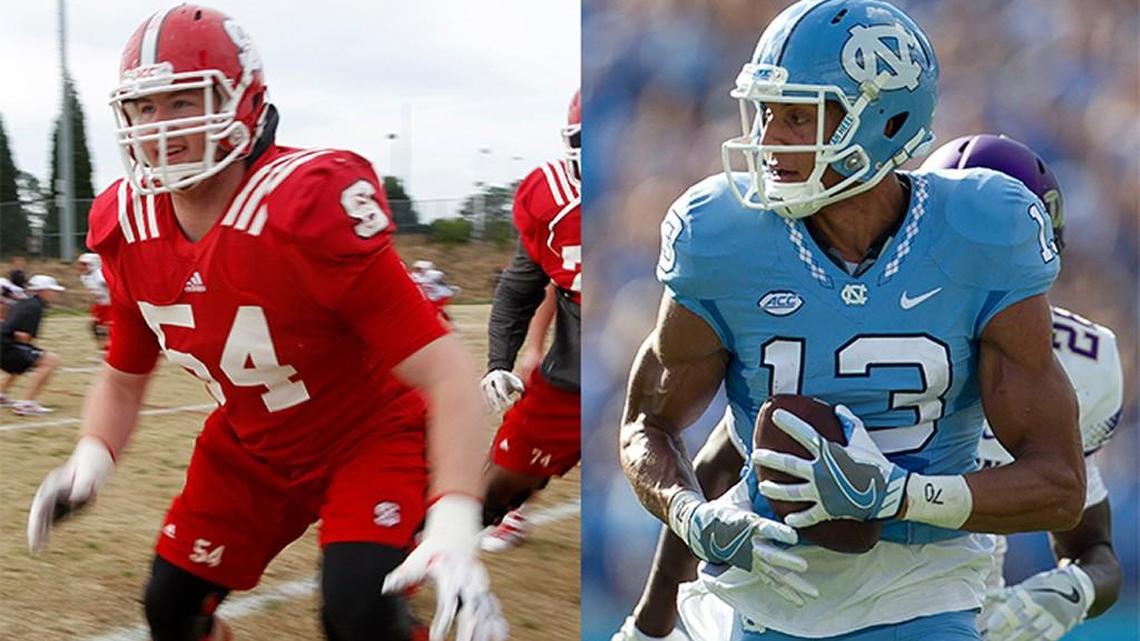 N.C. State's Joe Thuney, left, and UNC’s Mack Hollins, right, will play against each other on Sunday in Super Bowl LII. Thuney plays for the Patriots, Hollins plays for the Eagles.