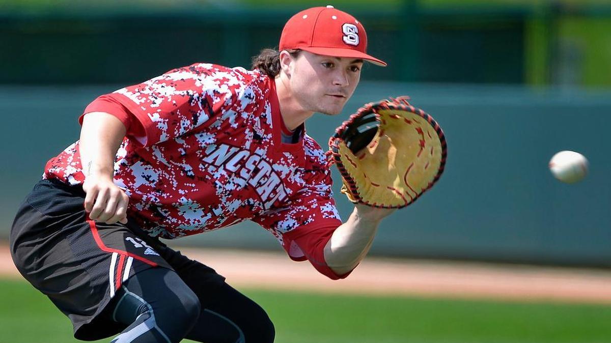 
North Carolina State's first baseman Preston Palmeiro (12) practices at Lupton Stadium on Thursday, May 28, 2015 in Fort Worth, Texas. (Max Faulkner/Fort Worth Star-Telegram/TNS)
