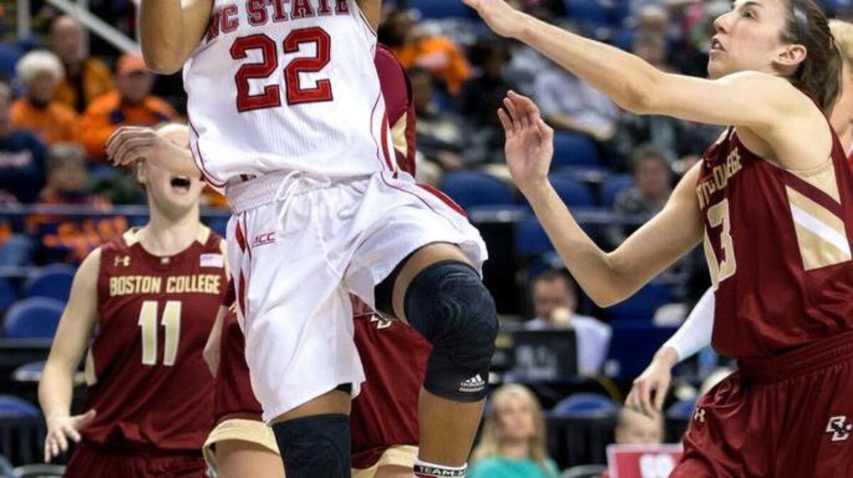 North Carolina State's Dominique Wilson jumps to the basket against Boston College during an NCAA college basketball game in the Atlantic Coast Conference women's tournament Thursday, March 3, 2016, in Greensboro, N.C. (Andrew Krech/News & Record via AP)