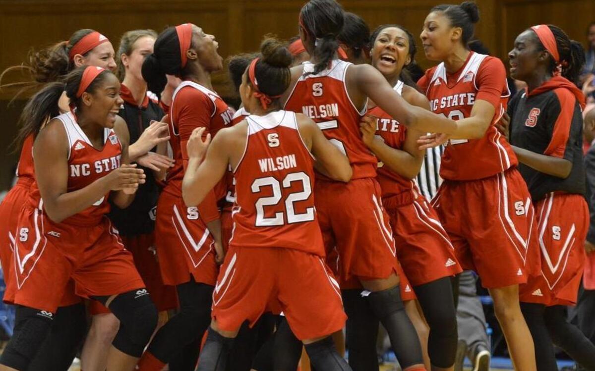 The N.C. State women’s team celebrates a 65-52 win over No. 22 Duke on Jan. 14 in Durham.