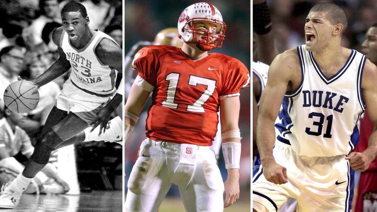 UNC's Michael Jordan, NC State's Philip Rivers and Duke's Shane Battier sport their well-known jersey numbers.