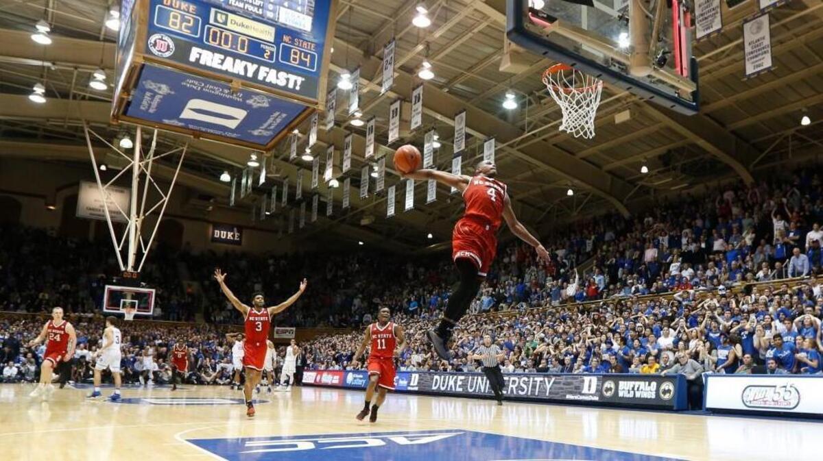 Dennis Smith Jr. gets ready to slam in two after time expires during N.C. State’s 84-82 win at Duke on Jan. 23, 2017.