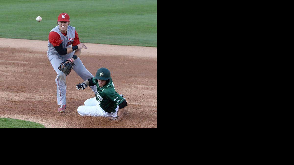 
N.C. State’s second baseman Logan Ratledge throws to first base to complete a double play after getting Charlotte runner Eric Eason during Tuesday night’s game played at BB&T Ballpark.
