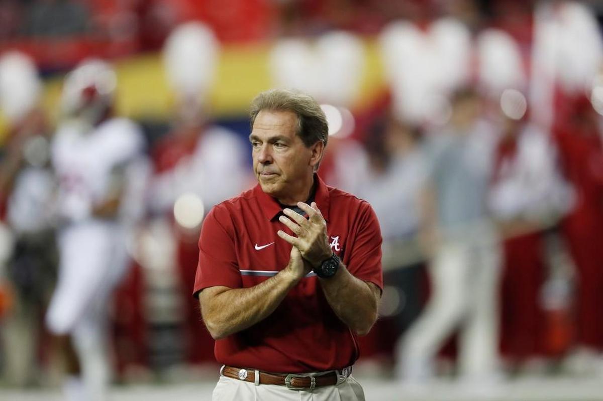 Alabama coach Nick Saban watches his team warm up for the SEC title game against Florida in December.