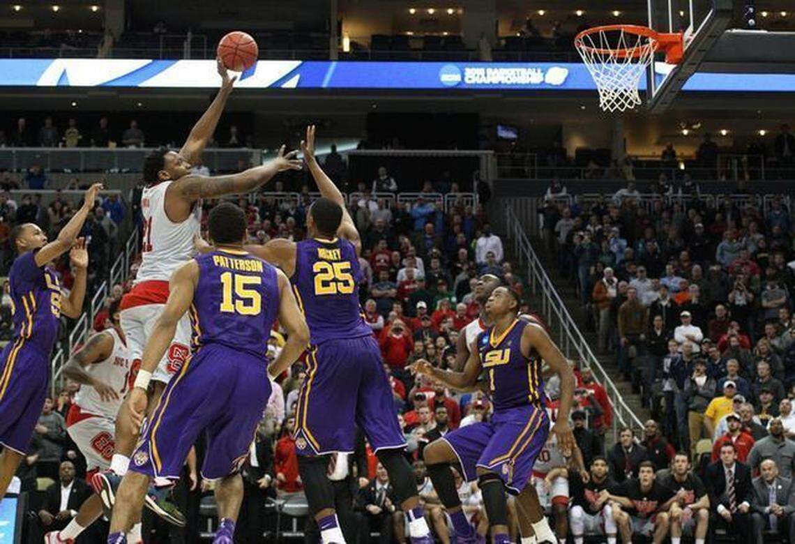 N.C. State’s BeeJay Anya (21) makes the winning shot in the second half during N.C. State’s 66-65 win over LSU in the second round of the NCAA Division I Men’s Basketball Tournament at the Consol Energy Center in Pittsburgh, Thursday, March 19, 2015.