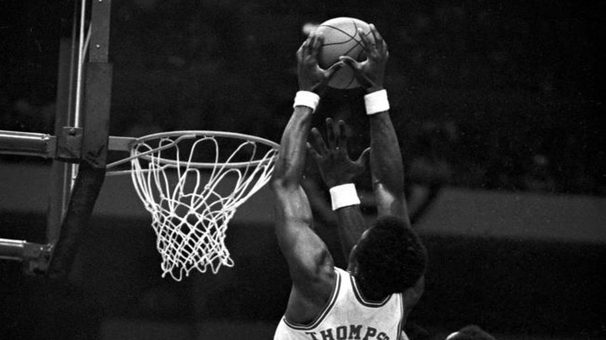NC State's David Thompson soars above the rim against Maryland in the 1974 ACC Tournament championship game in Greensboro.