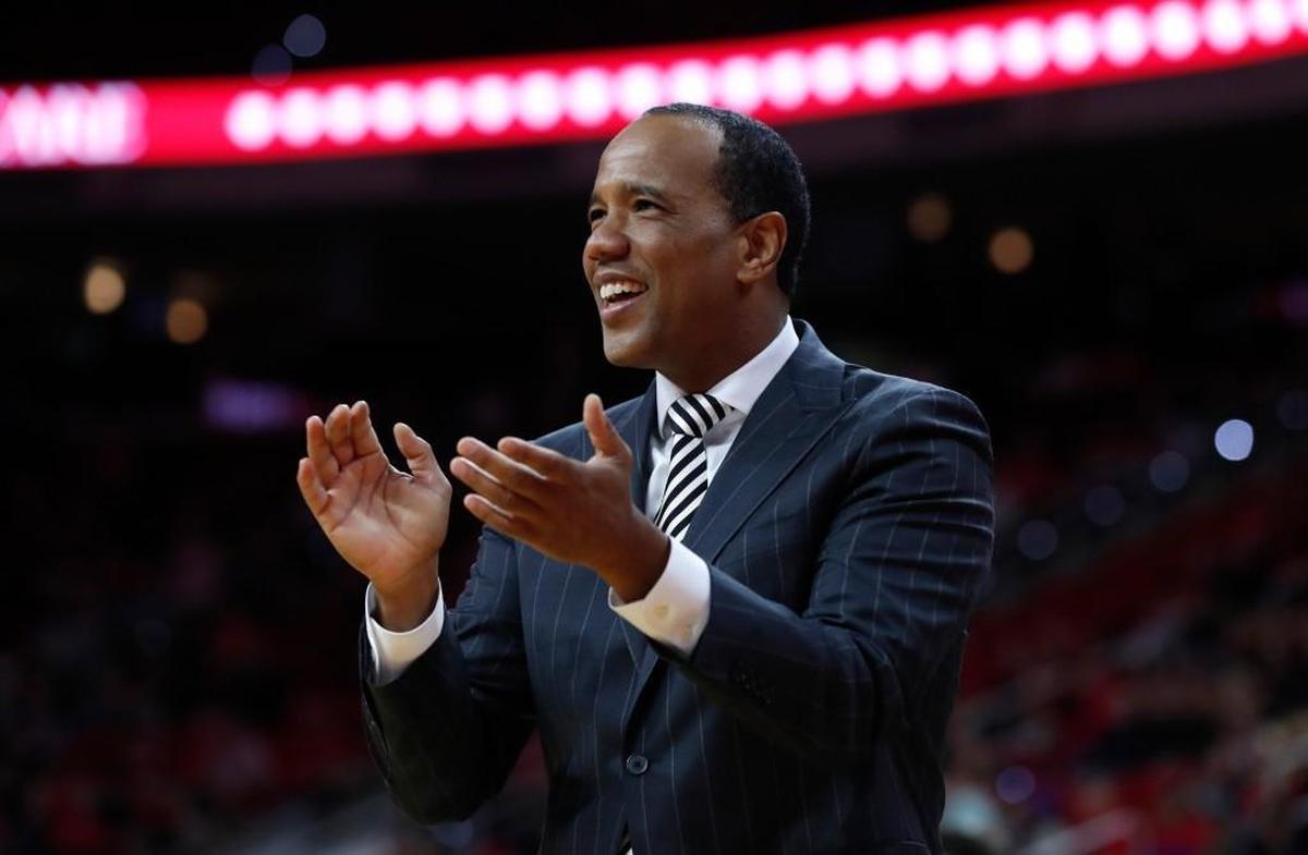 N.C. State head coach Kevin Keatts cheers on his team during the second half of N.C. State's 95-72 victory over Bryant at PNC Arena in Raleigh on Nov. 14, 2017.