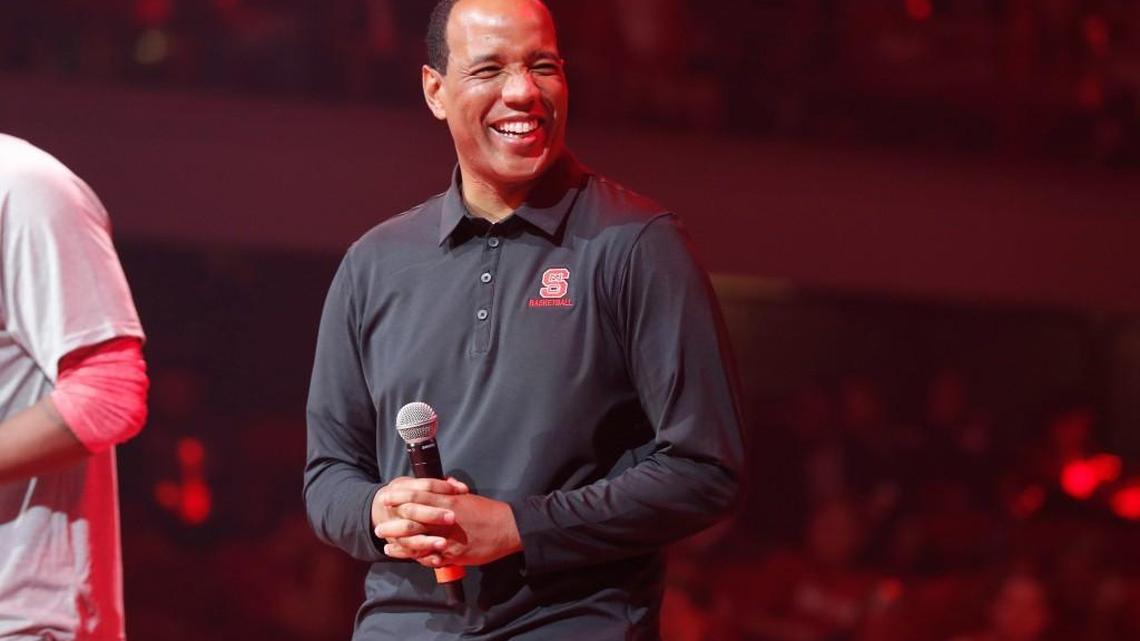 N.C. State’s Kevin Keatts laughs during Primetime with the Pack at Reynolds Coliseum in Raleigh on Oct. 20, 2017.