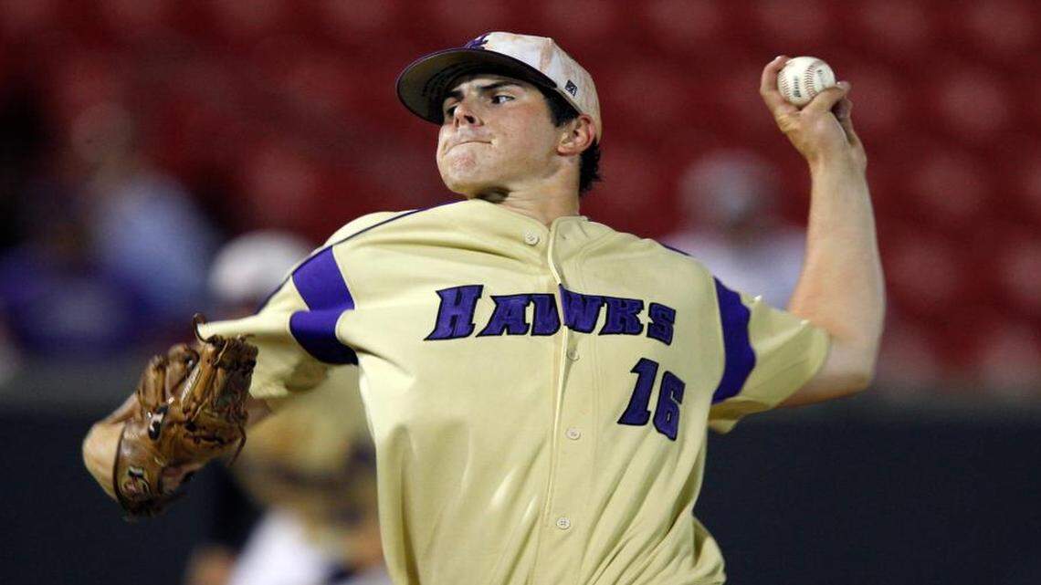 
Holly Springs senior Carlos Rodon (16) pitches during Holly Springs 4-0 victory over TC Roberson in the first game of the NCHSAA 4-A baseball championship Friday June 3, 2011, at Five County Stadium in Zebulon, N.C. 
