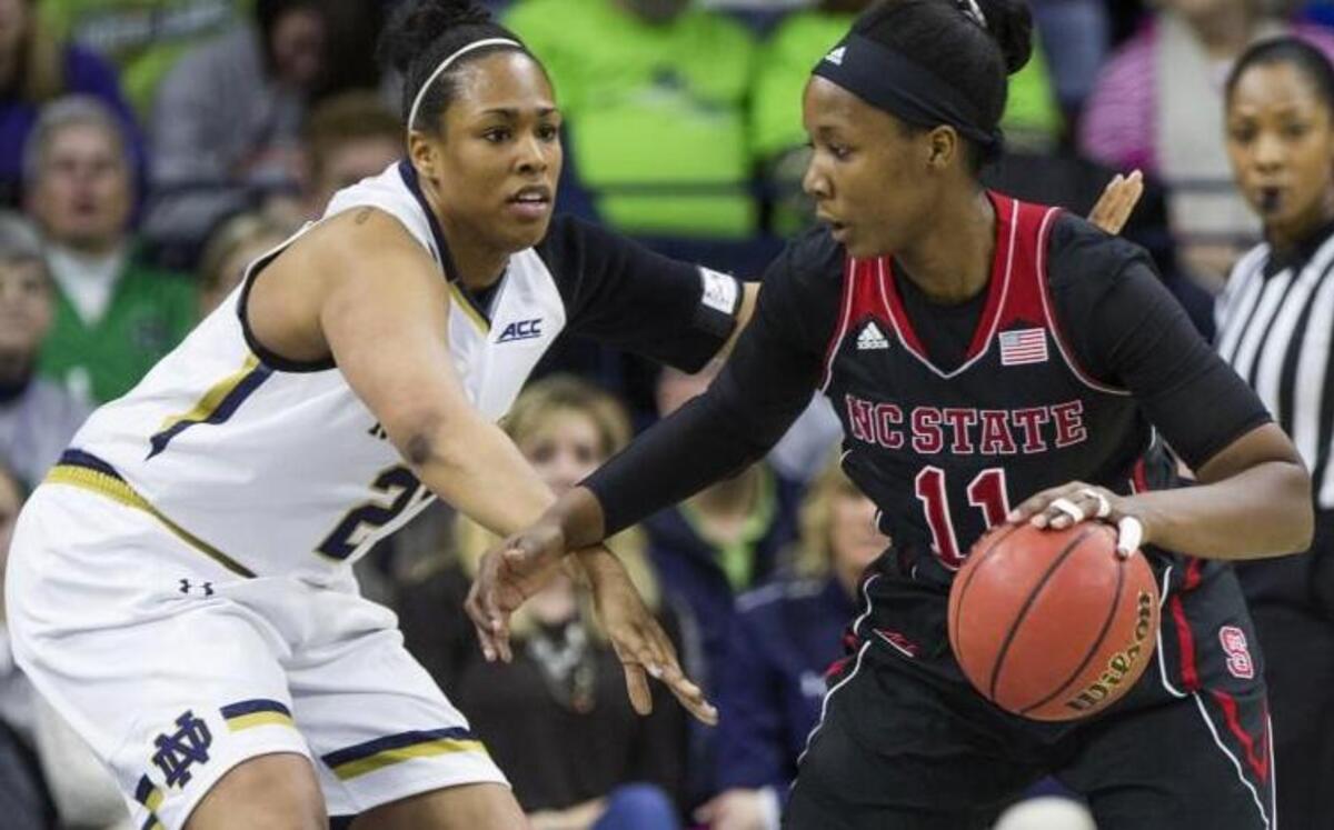 N.C. State’s Jennifer Mathurin, right, gets pressure from Notre Dame’s Kristina Nelson during Notre Dame’s 82-46 win over the Wolfpack Feb. 4. No. 6 seed N.C. State plays either Boston College or Virginia Tech Thursday in the second round of the ACC tournament.