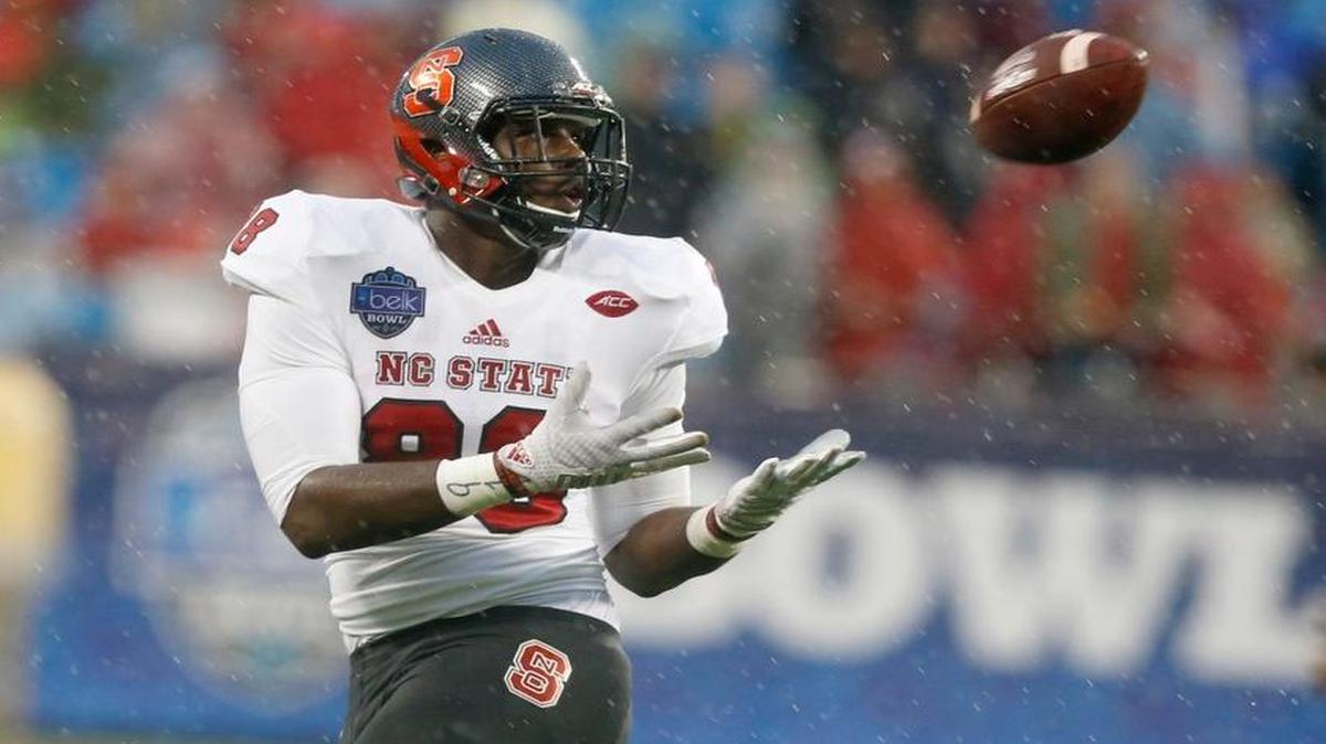 N.C. State's Pharoah McKever (88) pulls in what will be a 82-yard touchdown reception durin the Wolfpack's game against Mississippi State in the Belk Bowl at Bank of America Stadium in Charlotte, N.C., Wednesday, December 30, 2015.