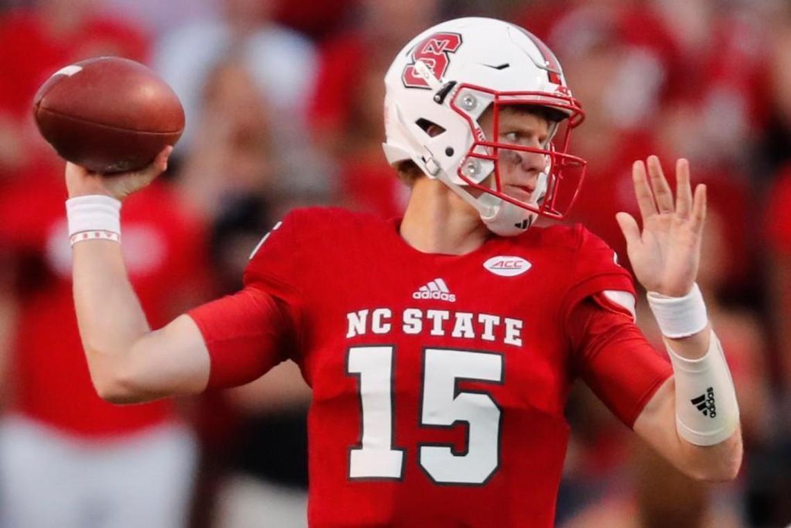 N.C. State quarterback Ryan Finley (15) prepares to pass against Marshall at Carter-Finley Stadium on Sept. 9, 2017.