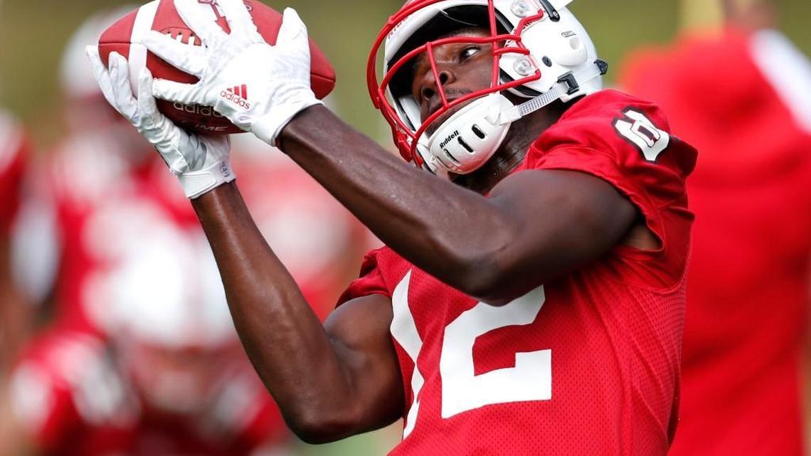 N.C. State wide receiver Stephen Louis pulls in a pass during the Wolfpack’s practice on July 29.