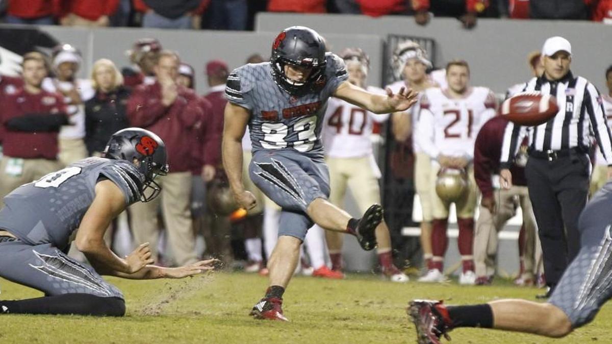 N.C. State's Connor Haskins kicks a 39-yard field goal during the first half of the Wolfpack's game against FSU at Carter-Finley Stadium.