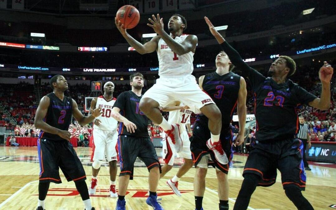 
N.C. State's Trevor Lacey puts in two during the Wolfpack’s 60-54 victory over Boise State on Nov. 28, 2014. The win boosted State's record vs. the top 100 of the RPI, a factor in NCAA tournament selection.
