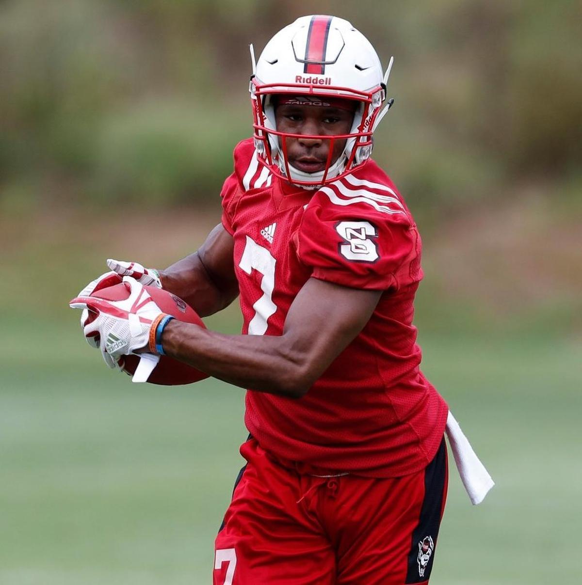 N.C. State running back Nyheim Hines runs upfield during the Wolfpack’s first practice on July 29.