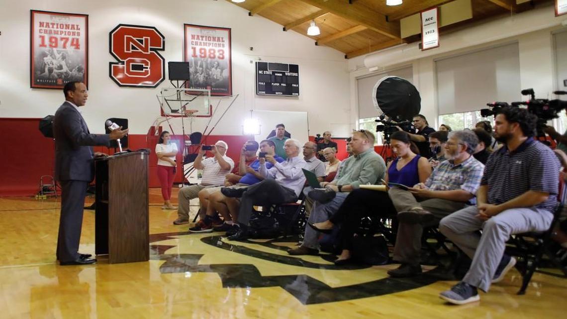 N.C. State head basketball coach Kevin Keatts talks to the press during basketball's media day at Dail Basketball Center in Raleigh Tuesday, Sept. 26, 2017.