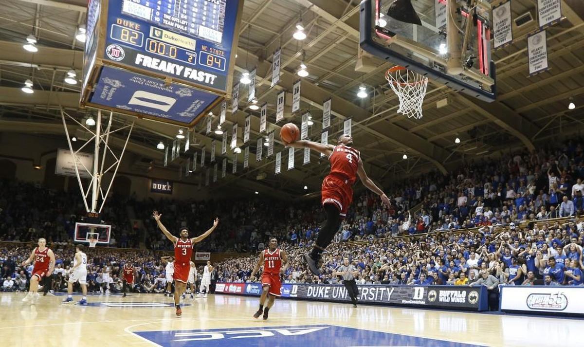 N.C. State’s Dennis Smith Jr. gets ready to slam in two after time expires during the Wolfpack’s 84-82 victory over Duke at Cameron Indoor Stadium in on Jan. 23, 2017.