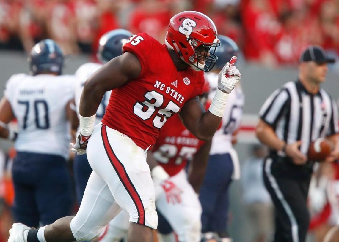 Defensive end Kentavius Street celebrates after sacking Old Dominion quarterback David Washington in September.