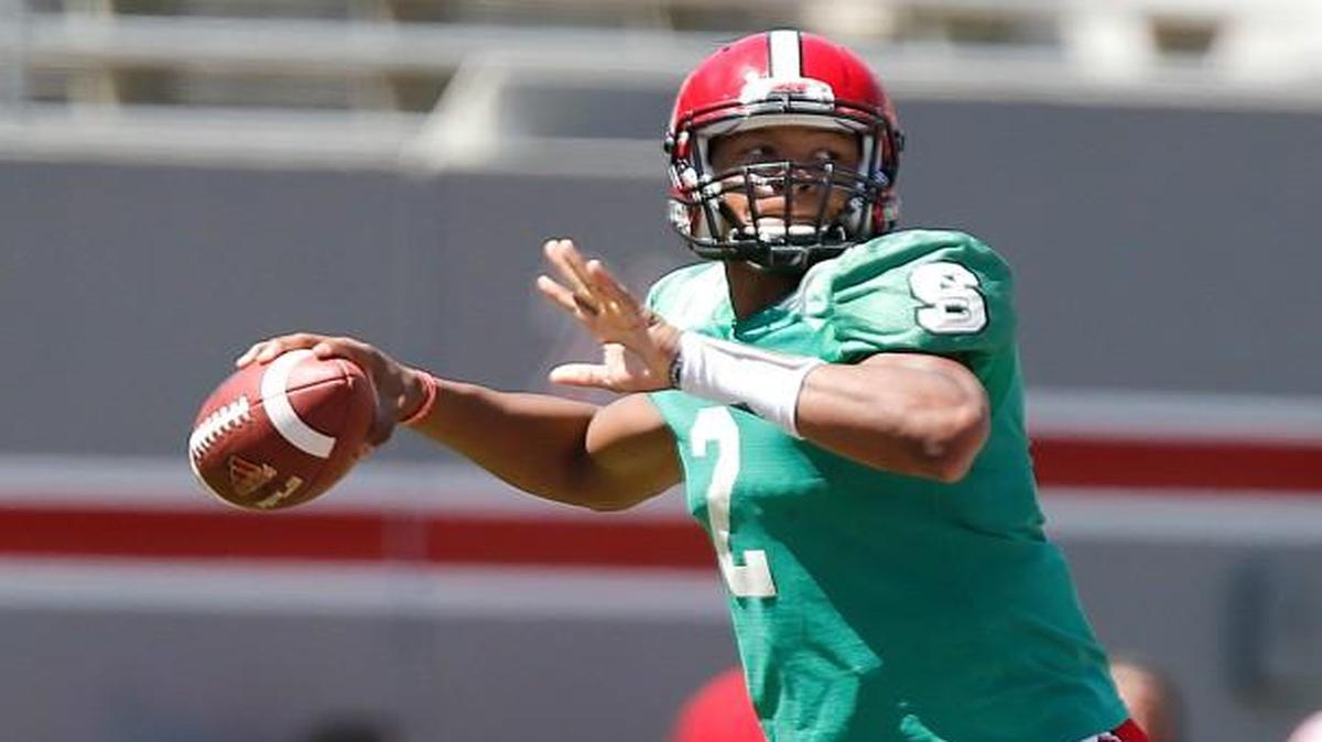 
N.C. State quarterback Jalan McClendon (2) passes during the 2015 Kay Yow Spring Game at Carter-Finley Stadium in Raleigh Saturday, April 11, 2015. 

