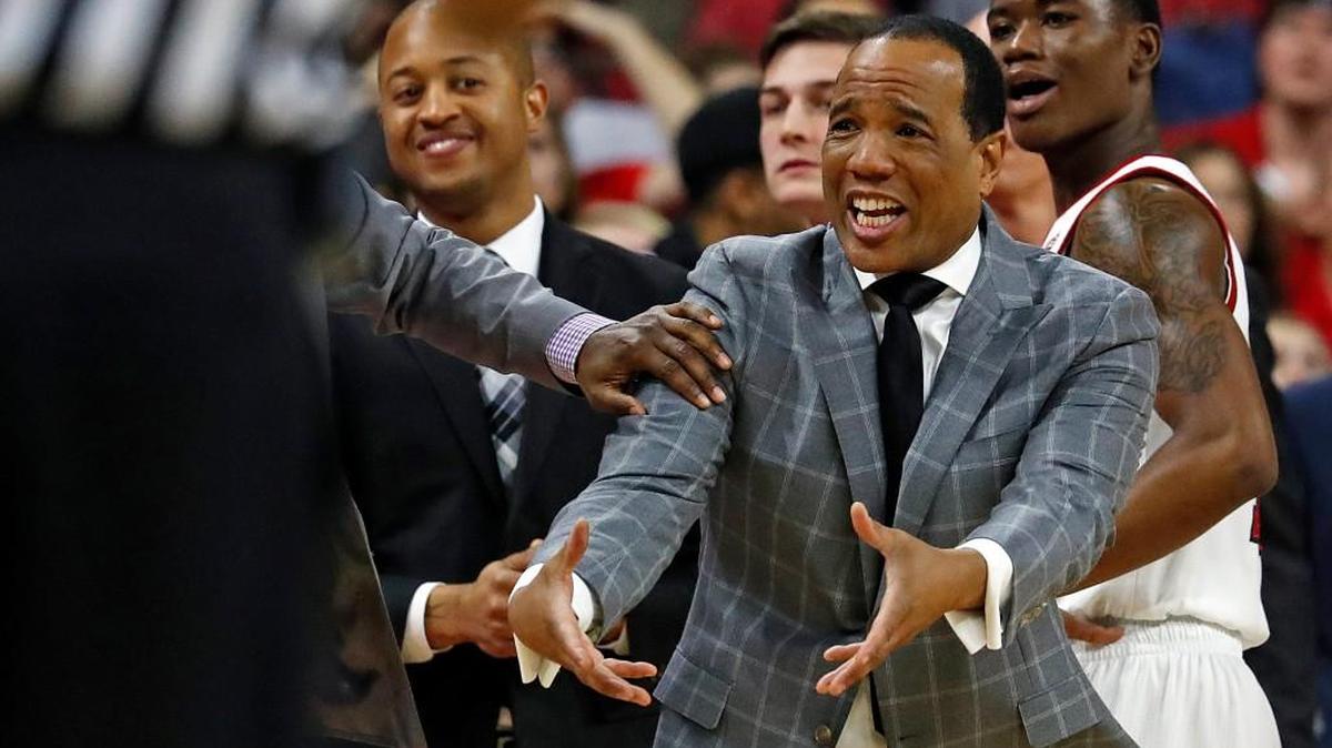 North Carolina State head coach Kevin Keatts protest a call during the second half of an NCAA college basketball game against Miami in Raleigh, N.C., Sunday, Jan. 21, 2018. Miami won 86-81.