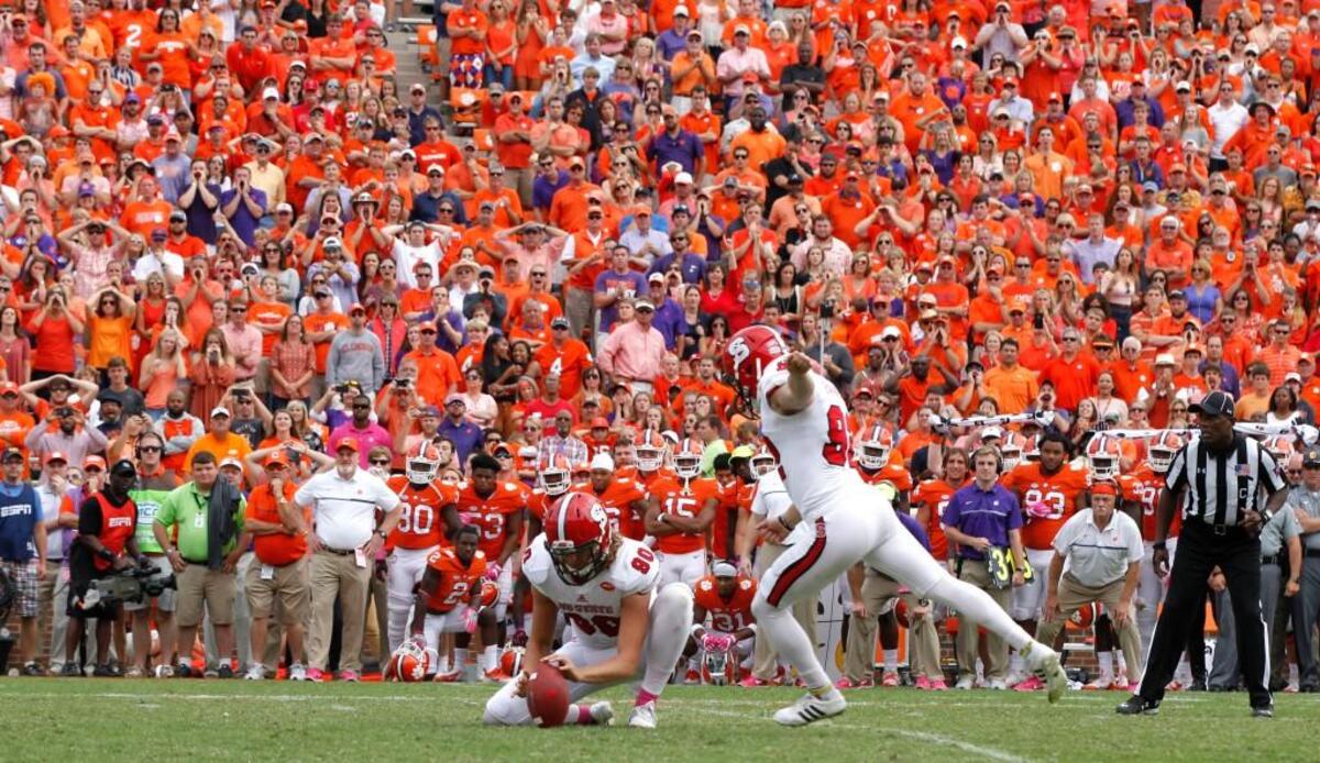 N.C. State’s Kyle Bambard (92) tries for his field goal as time expires during the second half of Clemson’s 24-17 overtime victory over N.C. State at Memorial Stadium in Clemson, S.C. Saturday, Oct. 15, 2016.