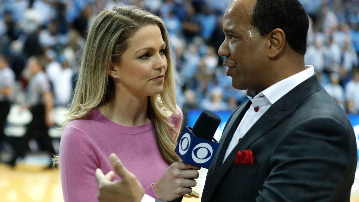 CBS's Allie Laforce talks with N.C. State head coach Kevin Keatts at halftime of N.C. State's game against UNC at the Dean E. Smith Center in Chapel Hill, N.C., Saturday, Jan. 27, 2018.